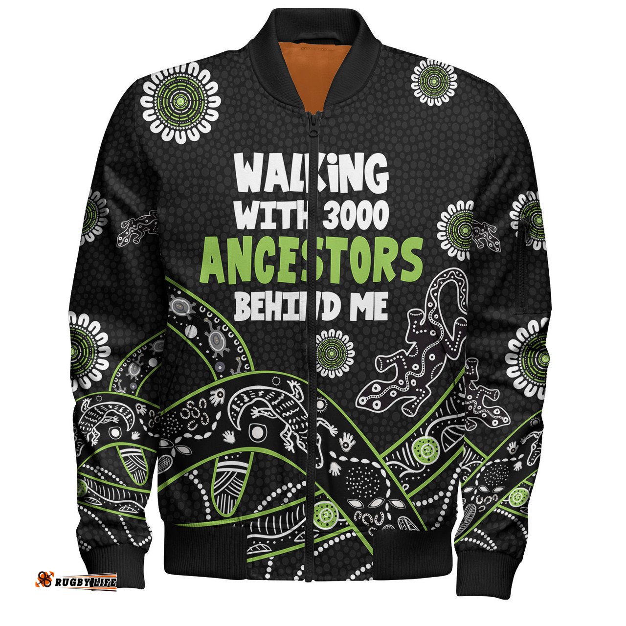Amazing Aussie Australia Aboriginal Walking with 3000 Ancestors Behind Me Black and Green Patterns Bomber Jacket
