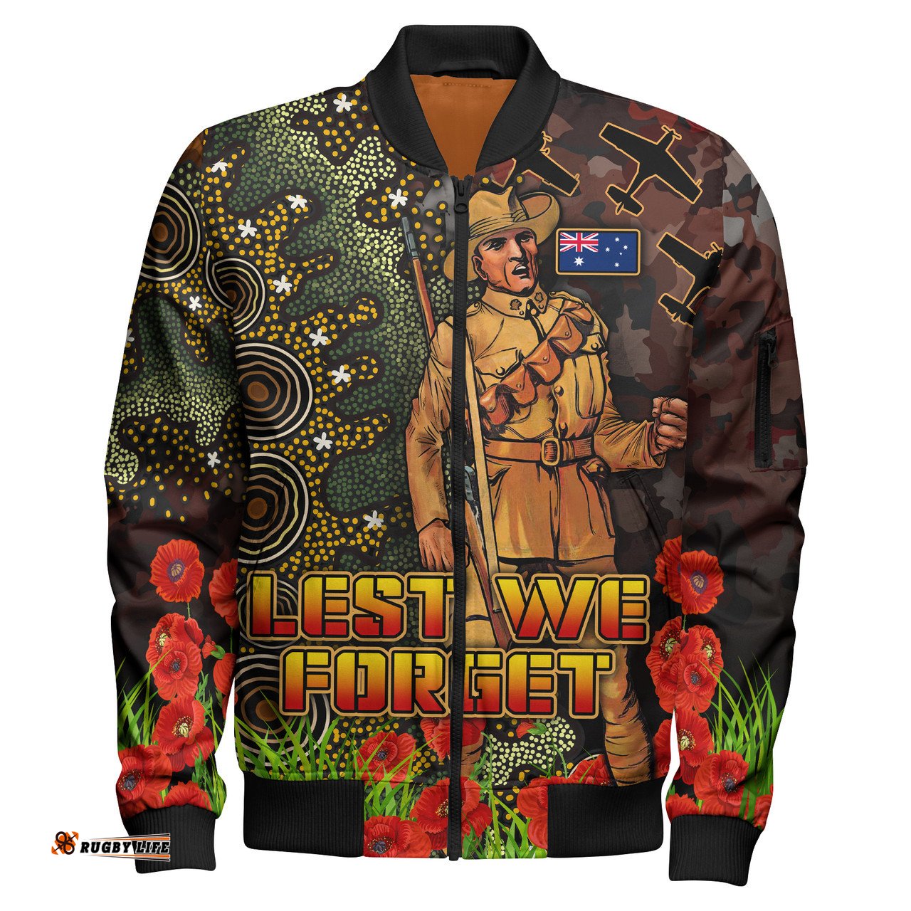 Amazing Aussie Australia Anzac Anzac Soldier with Remembrance Poppy and Indigenous Patterns Bomber Jacket