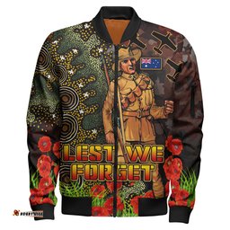 Amazing Aussie Australia Anzac Anzac Soldier with Remembrance Poppy and Indigenous Patterns Bomber Jacket