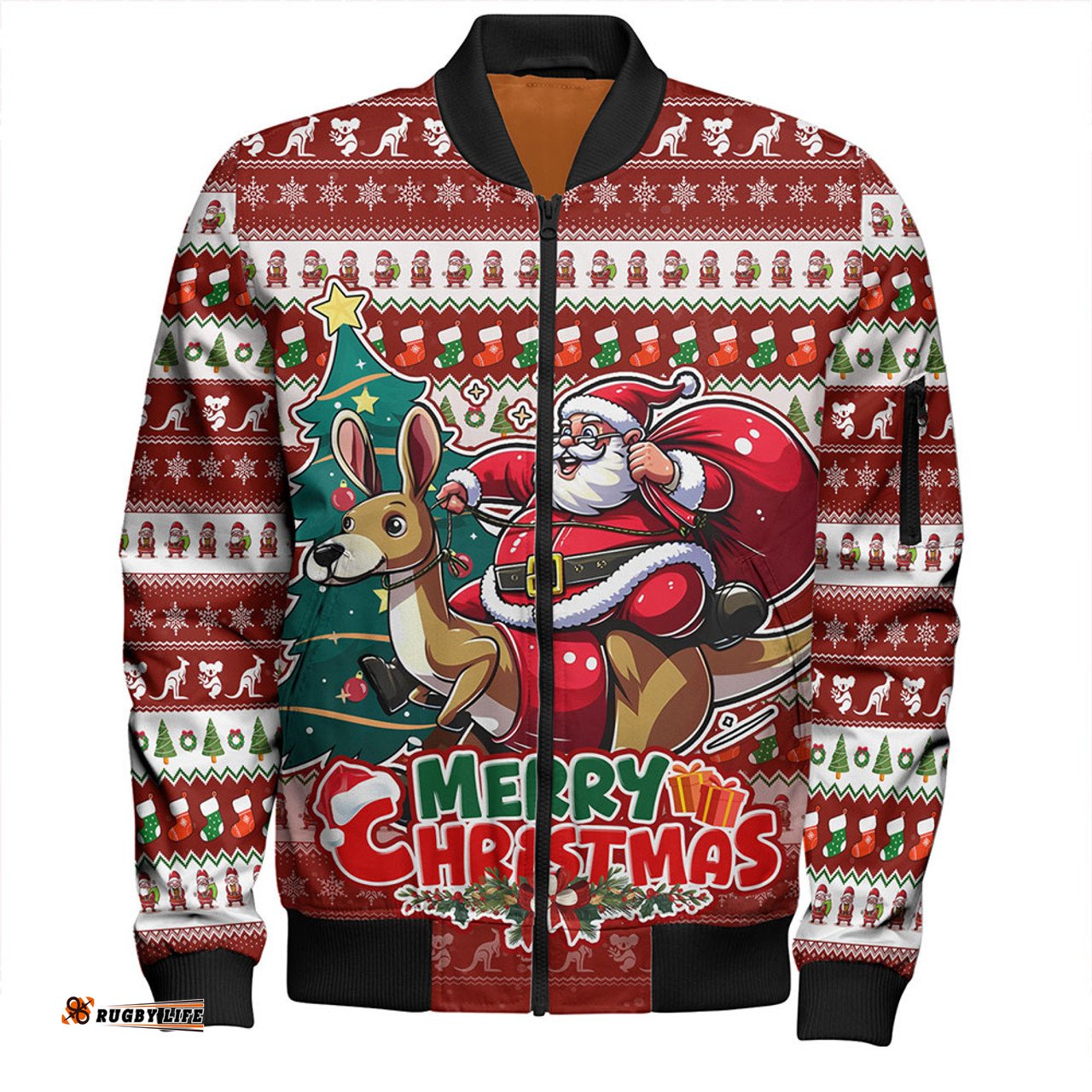 Amazing Aussie Australia Merry Christmas, Santa Claus Riding A Kangaroo Bomber Jacket
