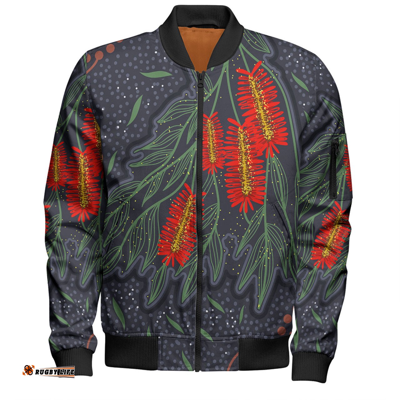 Amazing Aussie Australia Flowers Aboriginal Bottle Brush Medicinal Plant Art Bomber Jacket