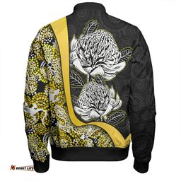 Amazing Aussie Australia Warratah Goanna Aboriginal Waratah Flowers With Yellow Lizards, Stones, Sand Dot Art Painting Inspired Bomber Jacket