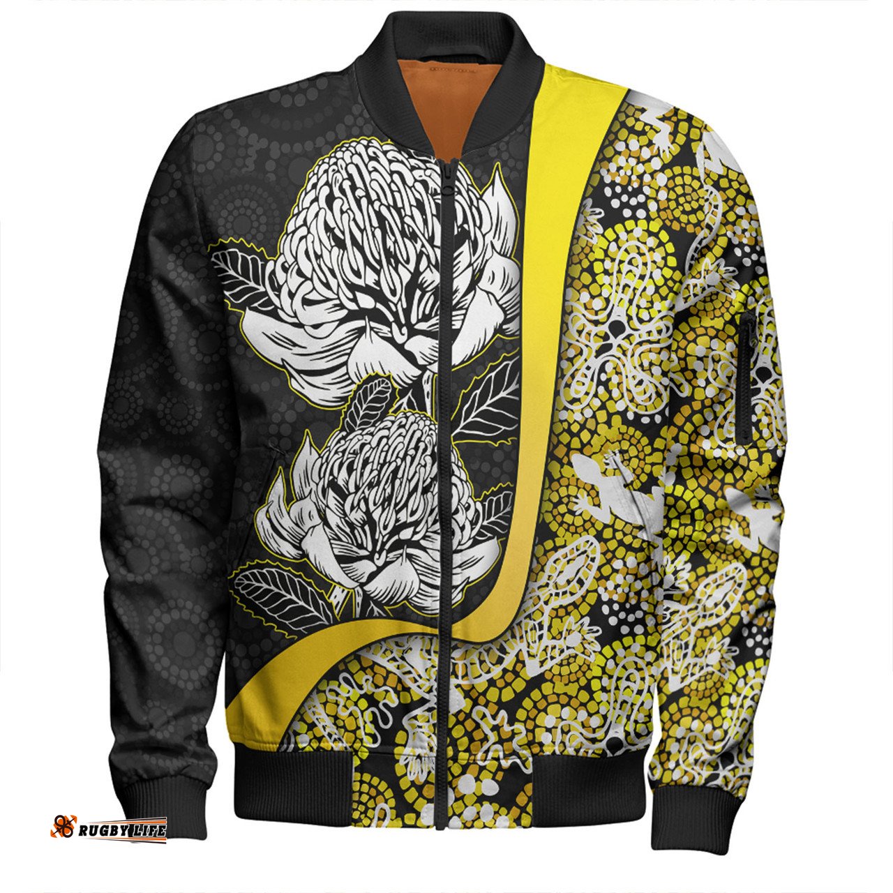 Amazing Aussie Australia Warratah Goanna Aboriginal Waratah Flowers With Yellow Lizards, Stones, Sand Dot Art Painting Inspired Bomber Jacket