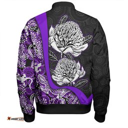 Amazing Aussie Australia Warratah Goanna Aboriginal Waratah Flowers With Purple Lizards, Stones, Sand Dot Art Painting Inspired Bomber Jacket