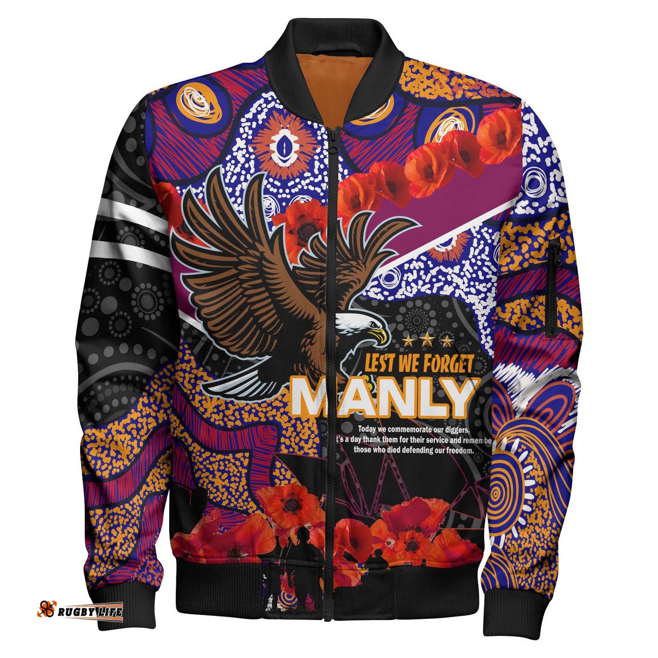 Amazing Aussie Australia Sea Eagles Anzac Lest We Forget Aboriginal Inspired Patterns Bomber Jacket