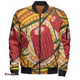 Amazing Aussie Australia Flowers Aboriginal Aboriginal Dot Painting With Red Banksia Flower Bomber Jacket