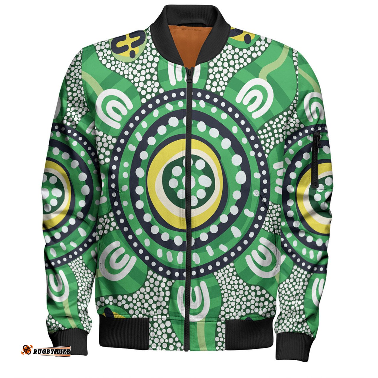 Amazing Aussie Australia Dot Painting Inspired Aboriginal Green Aboriginal Inspired Dot Art Bomber Jacket