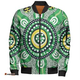 Amazing Aussie Australia Dot Painting Inspired Aboriginal Green Aboriginal Inspired Dot Art Bomber Jacket