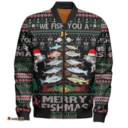 Amazing Aussie Australia Christmas Fishing Merrry Fishmas Fishing Rod Christmas Tree Bomber Jacket
