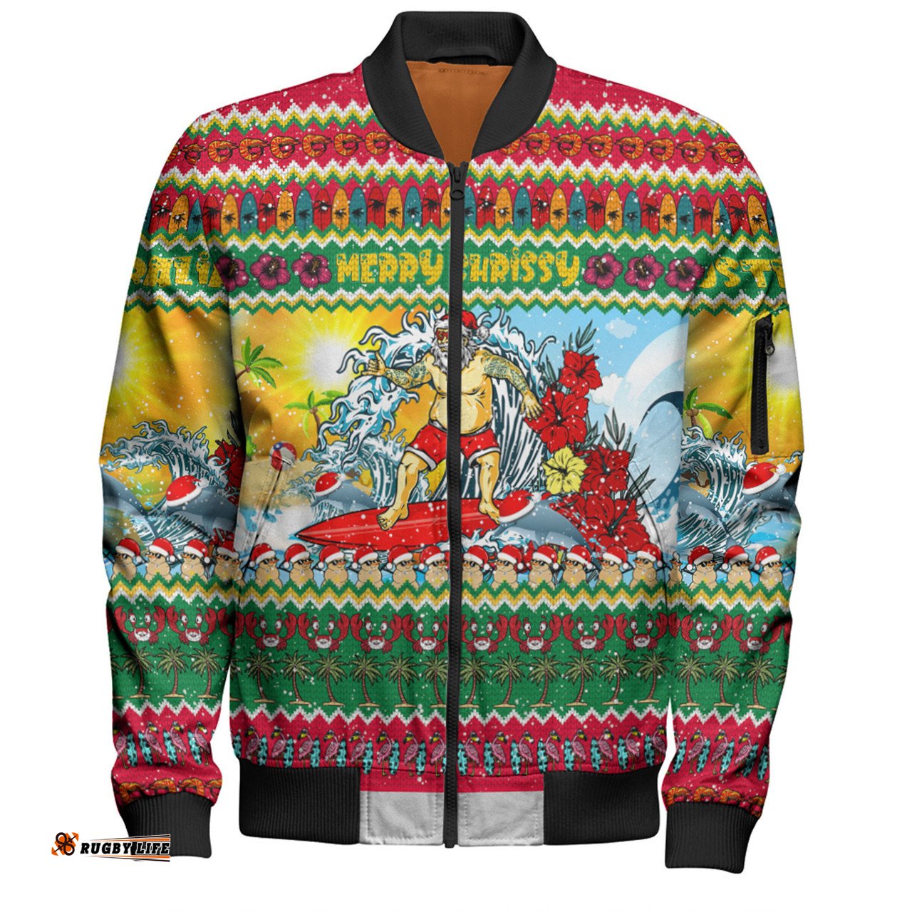 Amazing Aussie Australia Christmas Custom Surfing Santa Bomber Jacket