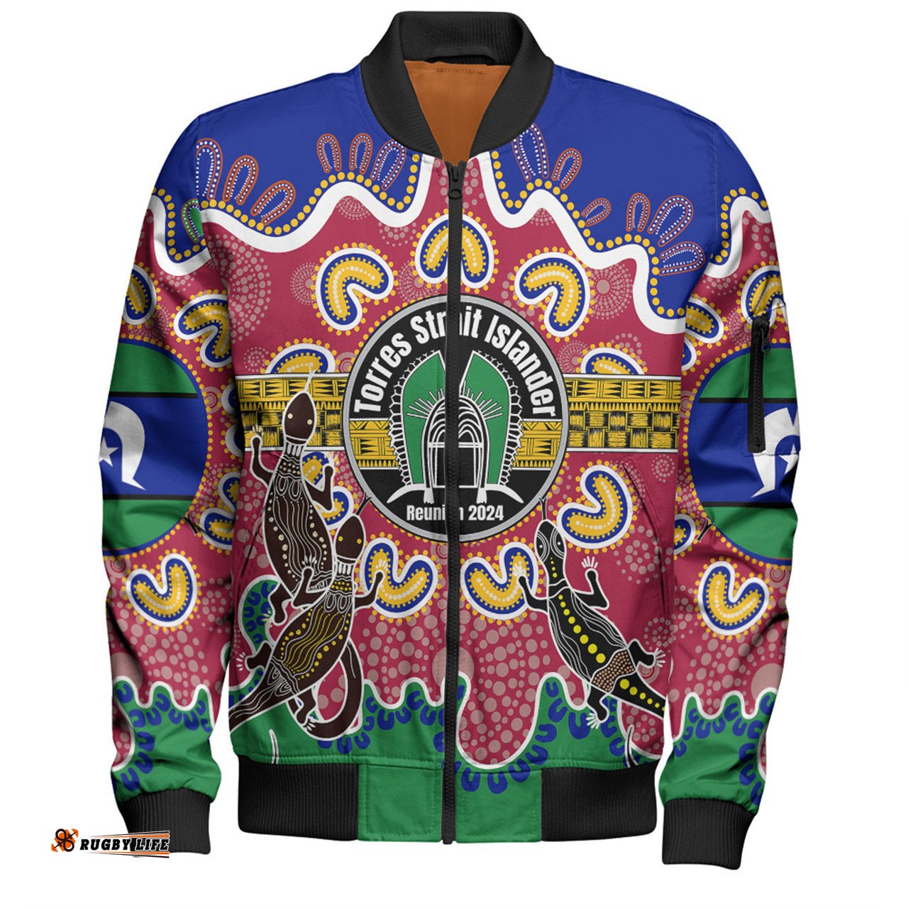 Amazing Aussie Australia Torres Strait Islands Custom Torres Strait Islanders Dhari With Goannas And Dot Art Reunion Bomber Jacket