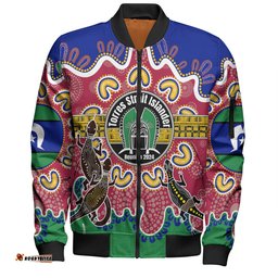 Amazing Aussie Australia Torres Strait Islands Custom Torres Strait Islanders Dhari With Goannas And Dot Art Reunion Bomber Jacket