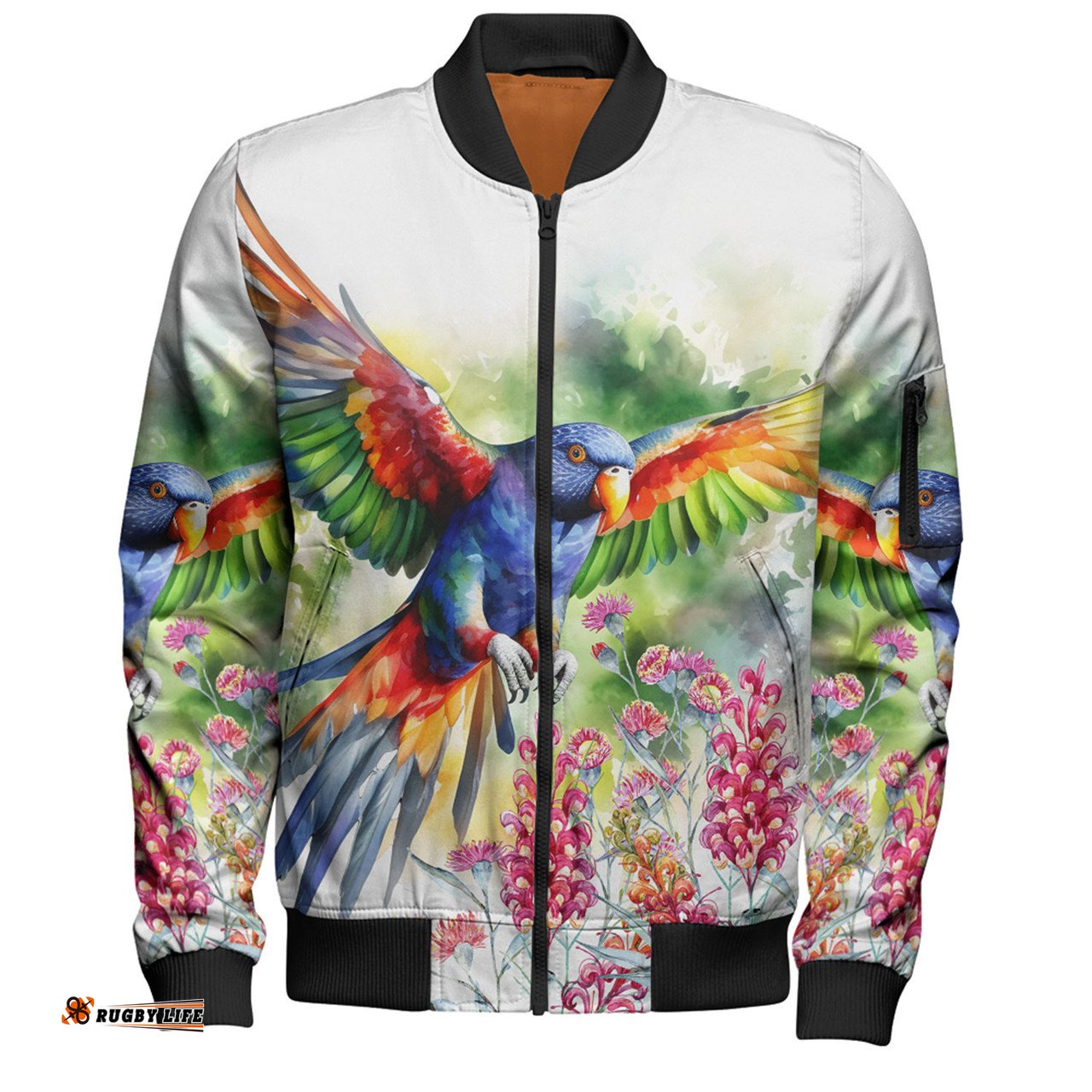 Amazing Aussie Australia Rainbow Lorikeets Rainbow Lorikeets Flying With Grevillea Flowers Art Bomber Jacket