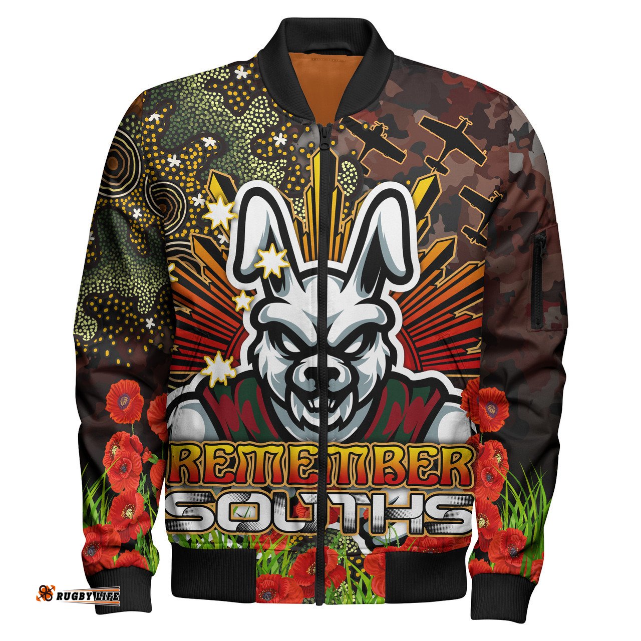 Amazing Aussie Australia Rabbitohs Anzac Souths with Remembrance Poppy and Indigenous Patterns Bomber Jacket