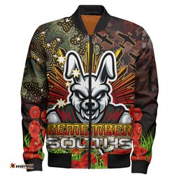 Amazing Aussie Australia Rabbitohs Anzac Souths with Remembrance Poppy and Indigenous Patterns Bomber Jacket