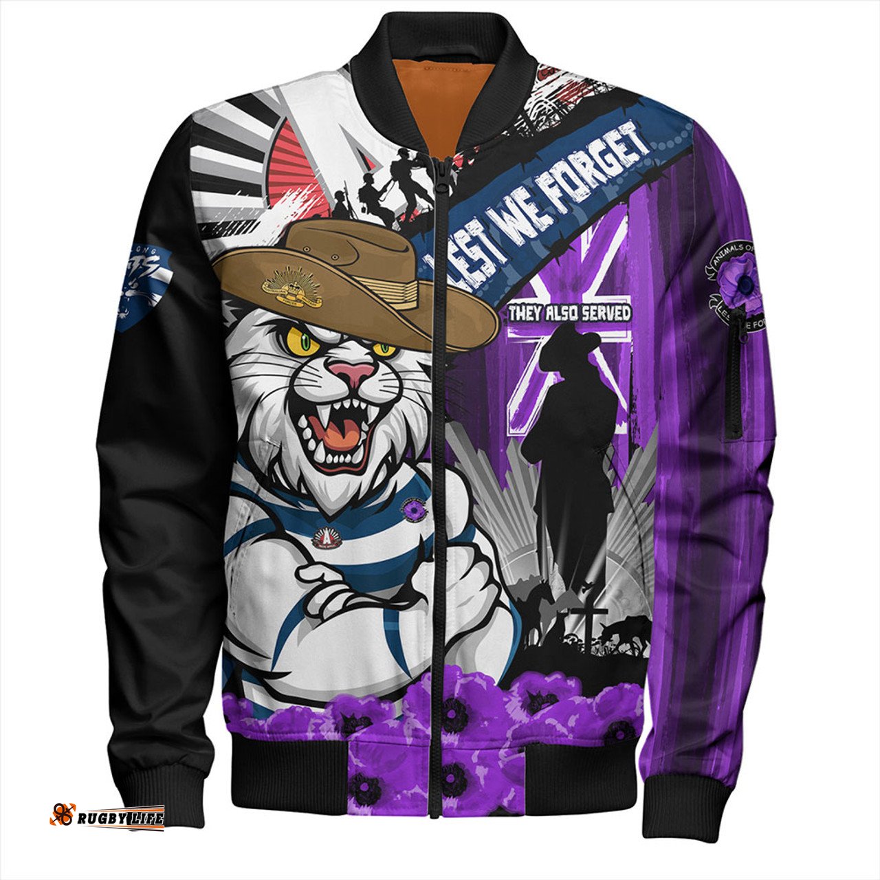 Amazing Aussie Geelong Cats ANZAC Day Honor Purple Valor And Spirit Bomber Jacket