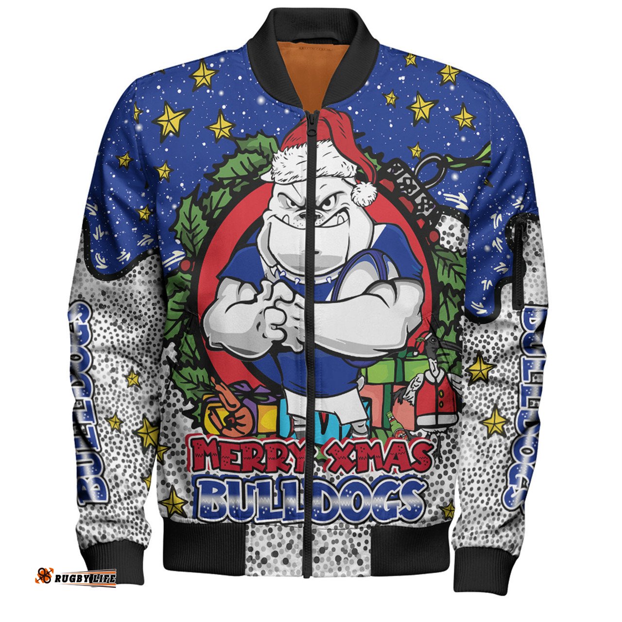 Amazing Aussie Canterbury Bankstown Bulldogs Christmas Custom Merry Christmas Our Beloved Team With Aboriginal Dot Art Pattern Bomber Jacket