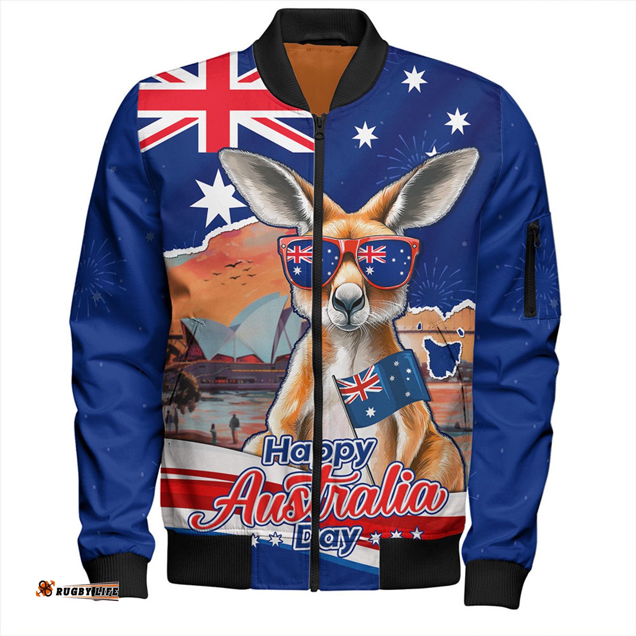 Amazing Aussie Australia Happy Australia Day Kangaroo With Sydney Opera House At Sunset Bomber Jacket