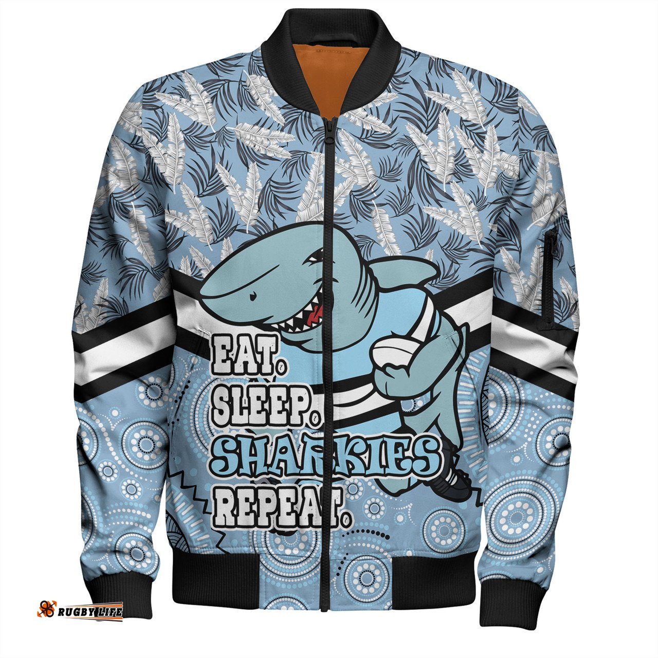 Amazing Aussie Cronulla Sutherland Sharks Tropical Patterns And Dot Painting Eat Sleep Rugby Repeat Bomber Jacket
