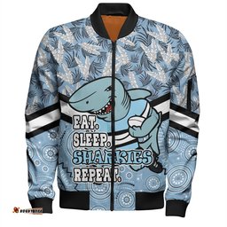 Amazing Aussie Cronulla Sutherland Sharks Tropical Patterns And Dot Painting Eat Sleep Rugby Repeat Bomber Jacket