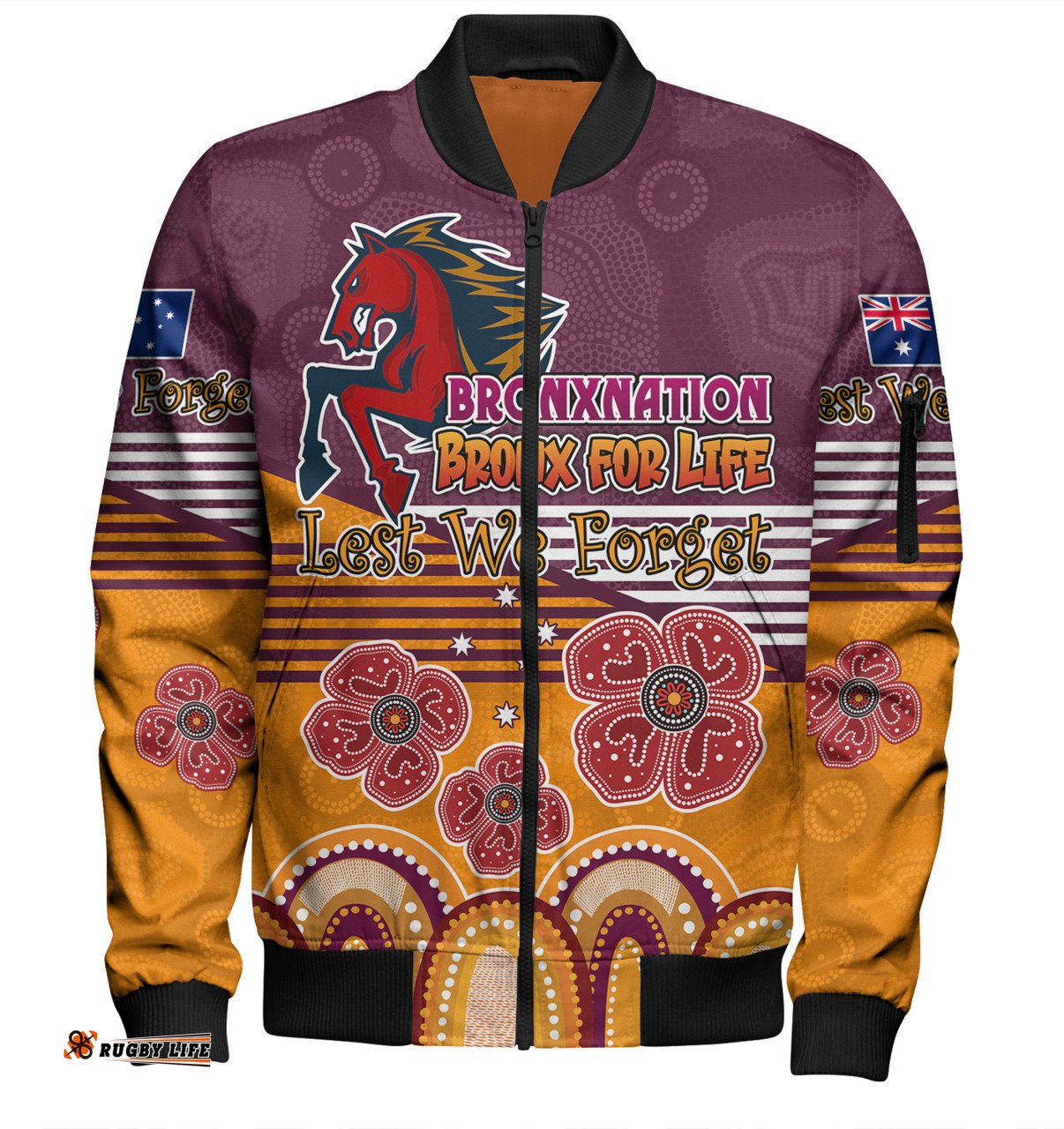 Amazing Aussie Brisbane Broncos Anzac Custom Anzac Day Bronxnation for Life Bomber Jacket