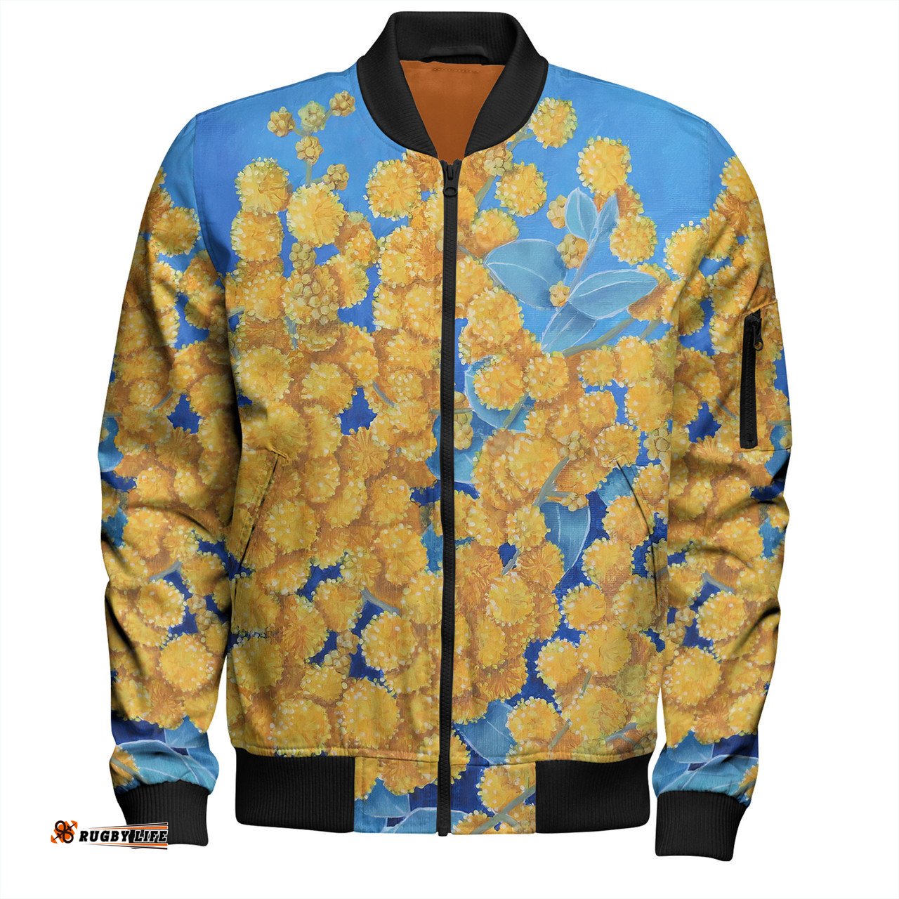 Amazing Aussie Australia Golden Wattle Golden Wattle Blue Background Oil Painting Art Bomber Jacket