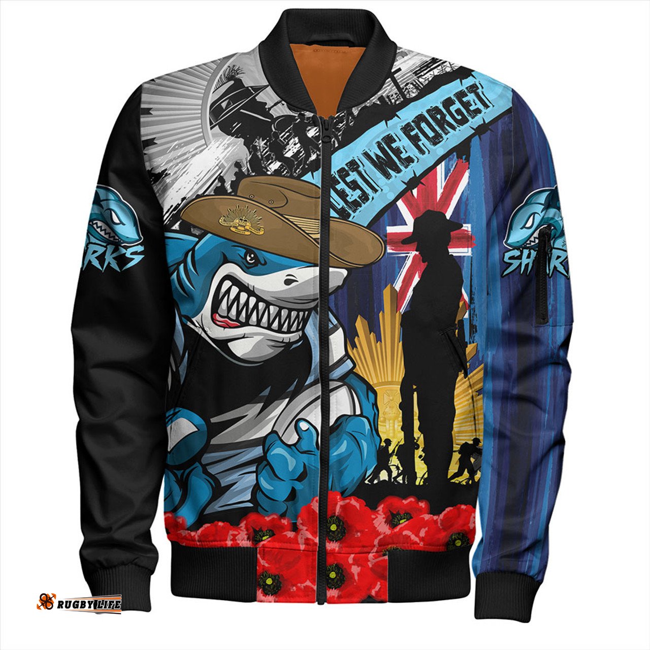 Amazing Aussie Cronulla Sutherland Sharks United In Spirit Anzac Day Tribute Bomber Jacket