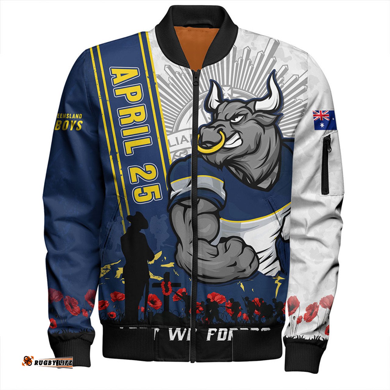 Amazing Aussie North Queensland Cowboys Anzac Day Lest We Forget Strong Fighting Spirit Bomber Jacket