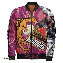 Amazing Aussie Maroons Rugby Anzac Aboriginal Inspired Maroons Aboriginal Inspired Pattern with Anzac Day Poppy Flower Bomber Jacket