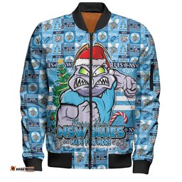 Amazing Aussie New South Wales Blues Merry Ugly Christmas Comic Style Bomber Jacket