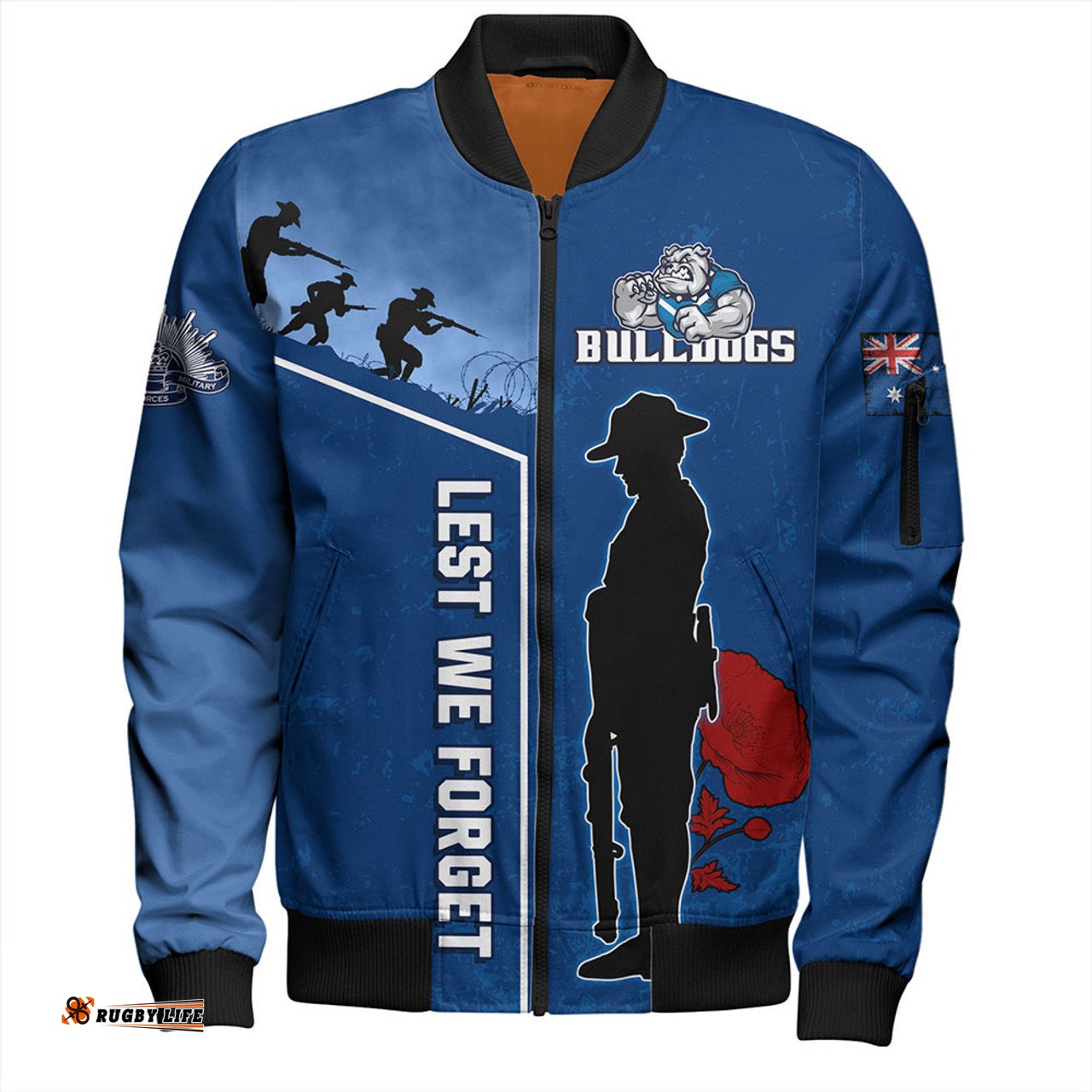 Amazing Aussie Canterbury Bankstown Bulldogs Anzac Day Lest We Forget Poppy Bomber Jacket