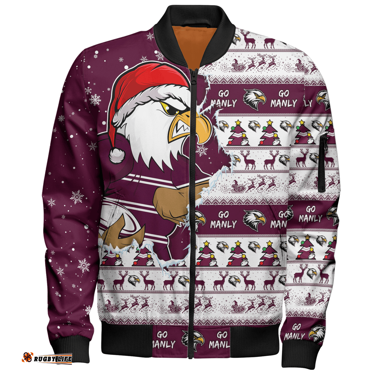 Amazing Aussie Manly Warringah Sea Eagles Merry Ugly Christmas Our Beloved Team Scratch Style Bomber Jacket