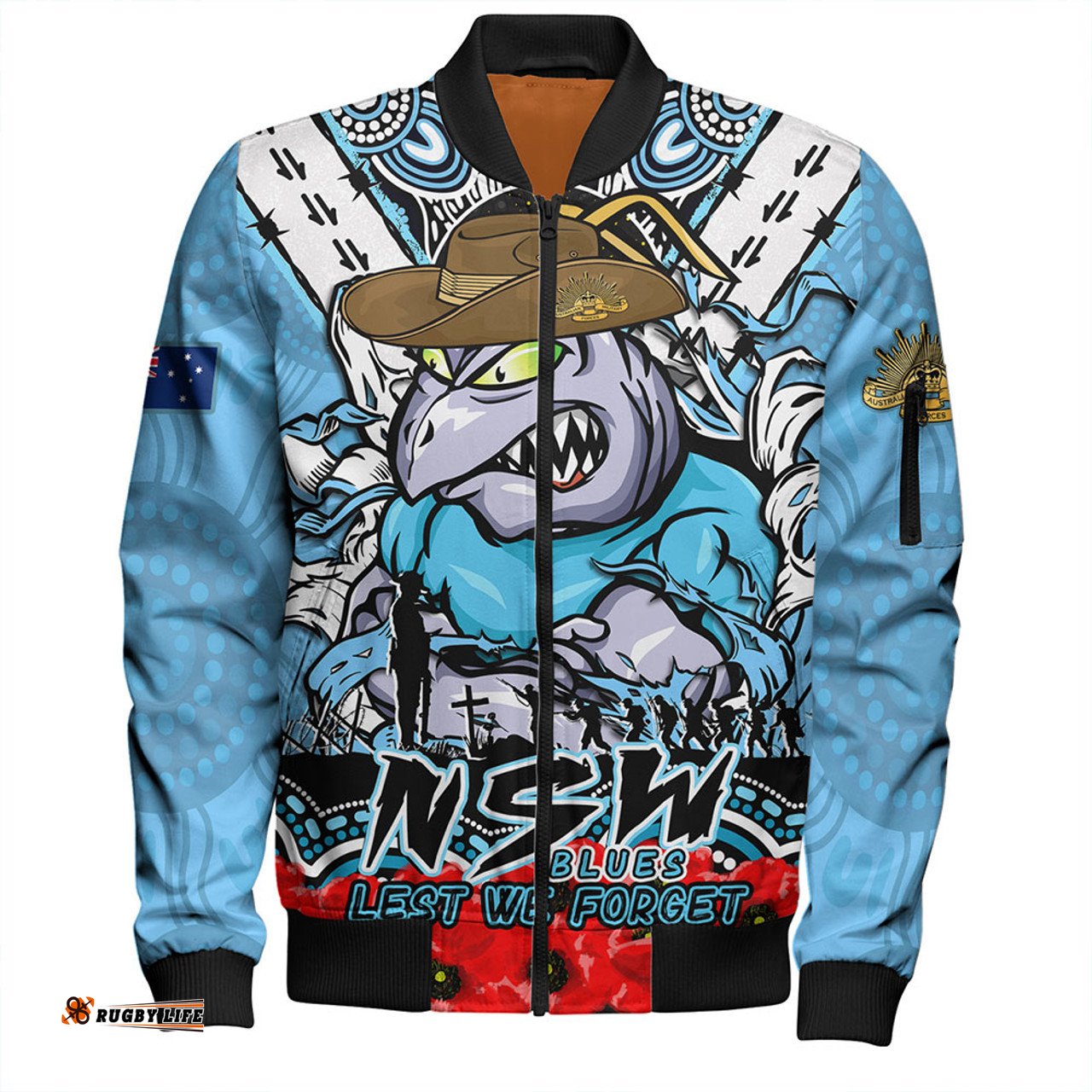 Amazing Aussie New South Wales Blues Ripped Legacy Of The Game The ANZAC Spirit Lives On Bomber Jacket