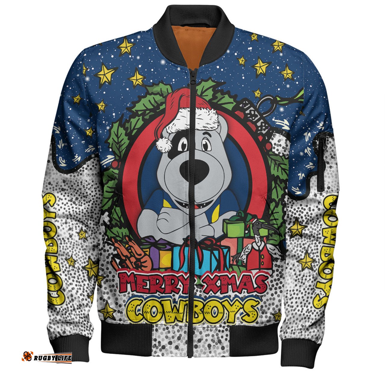 Amazing Aussie North Queensland Cowboys Christmas Custom Merry Christmas Our Beloved Team With Aboriginal Dot Art Pattern Bomber Jacket