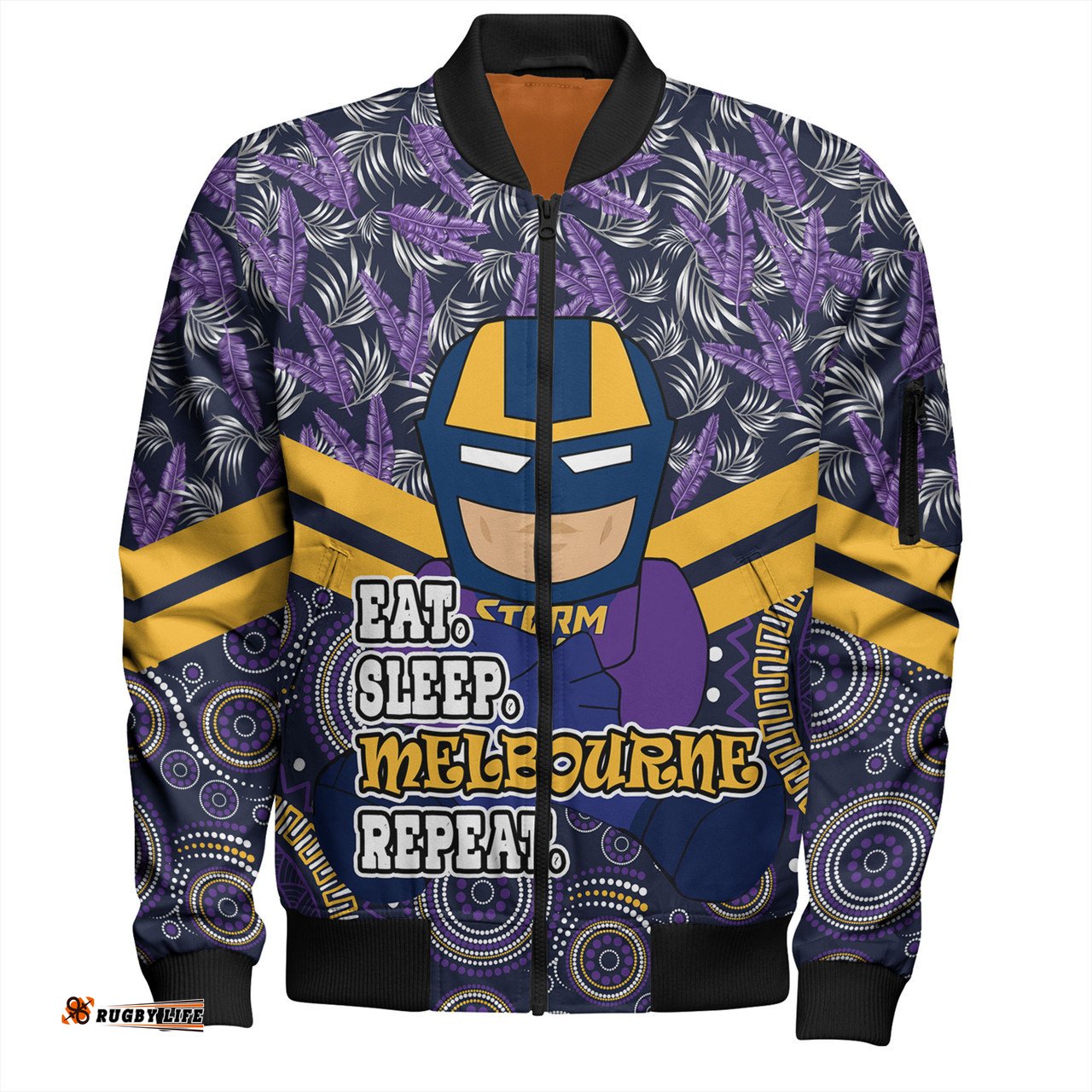 Amazing Aussie Melbourne Storm Tropical Patterns And Dot Painting Eat Sleep Rugby Repeat Bomber Jacket