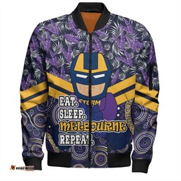 Amazing Aussie Melbourne Storm Tropical Patterns And Dot Painting Eat Sleep Rugby Repeat Bomber Jacket