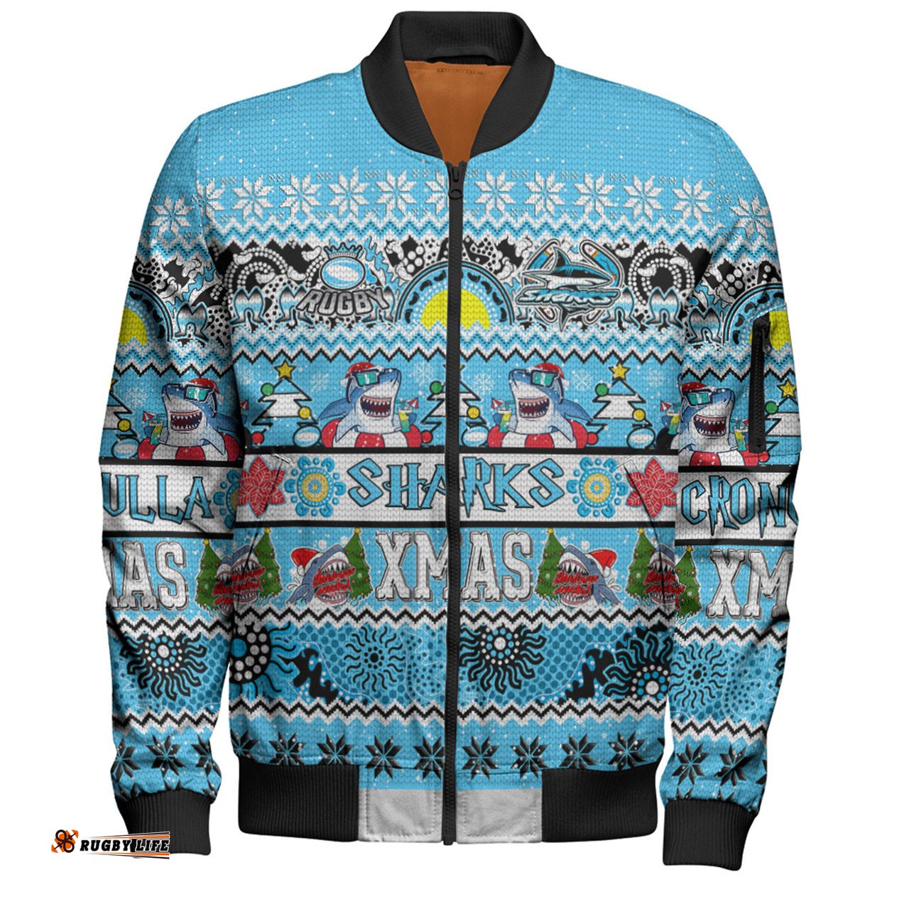 Amazing Aussie Cronulla Sutherland Sharks Christmas Aboriginal Custom Indigenous Knitted Ugly Xmas Style Bomber Jacket