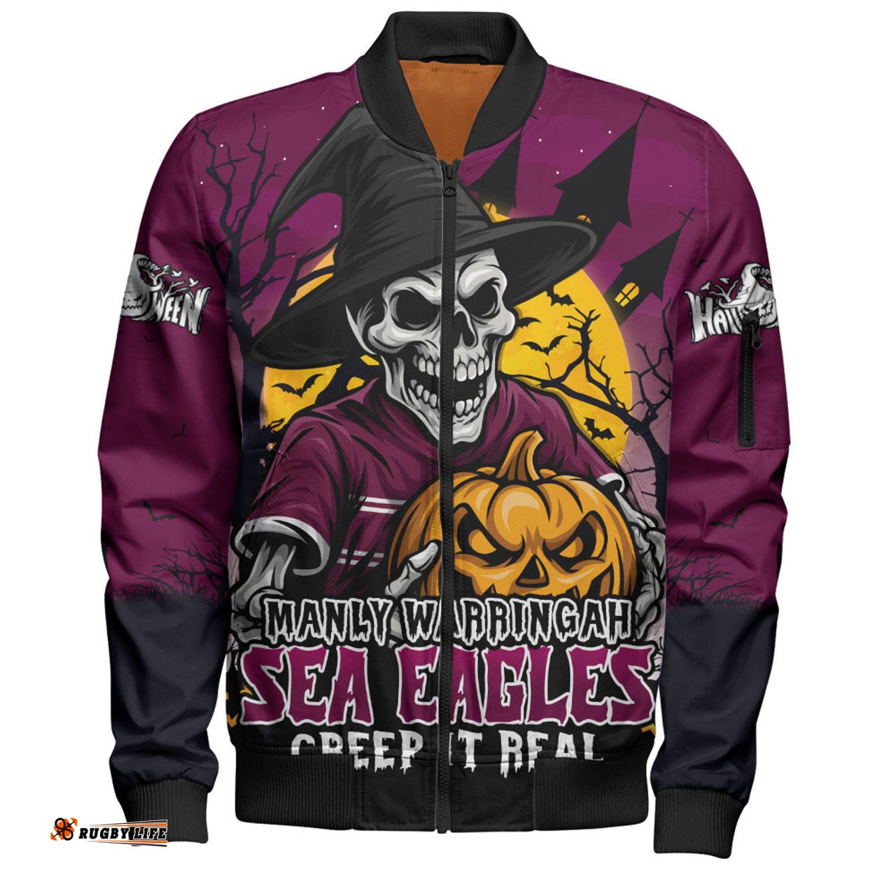 Amazing Aussie Manly Warringah Sea Eagles Dark Moon Rugby Halloween Battle Edition Bomber Jacket