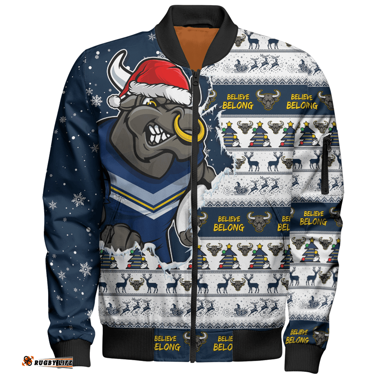 Amazing Aussie North Queensland Cowboys Merry Ugly Christmas Our Beloved Team Scratch Style Bomber Jacket