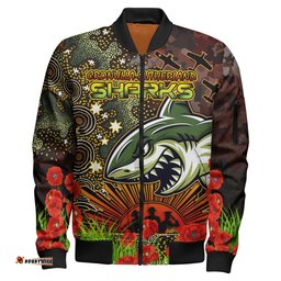 Amazing Aussie Cronulla Sutherland Sharks Custom Anzac Cronulla Sutherland Sharks with Remembrance Poppy and Indigenous Patterns Bomber Jacket