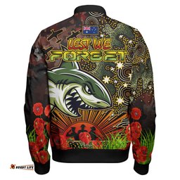 Amazing Aussie Cronulla Sutherland Sharks Custom Anzac Cronulla Sutherland Sharks with Remembrance Poppy and Indigenous Patterns Bomber Jacket