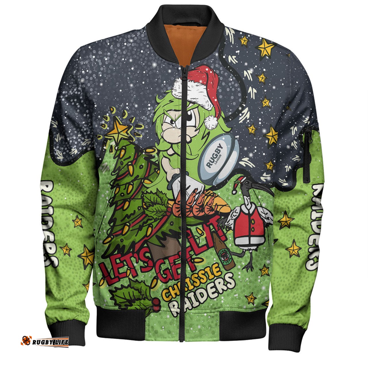 Amazing Aussie Canberra Raiders Christmas Custom Let's Get Lit Chrisse Pressie Bomber Jacket