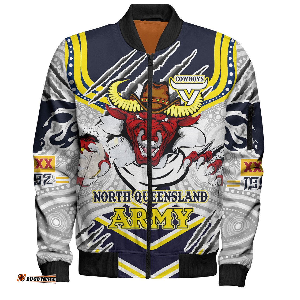 Amazing Aussie North Queensland Cowboys Custom Indigenous North Queensland Cowboys Army Scratch Style Bomber Jacket