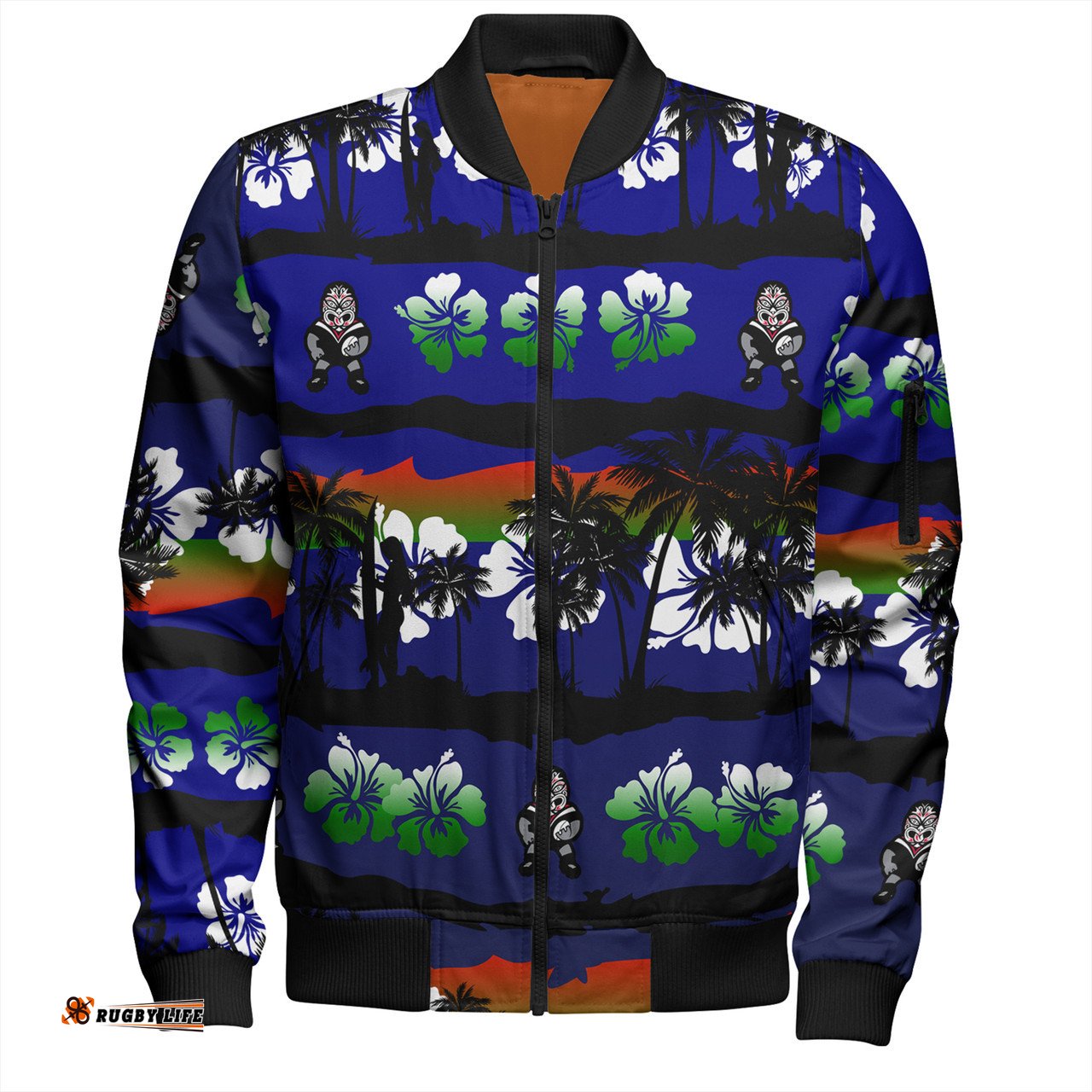 Amazing Aussie New Zealand Warriors Sport Tropical Hibiscus and Coconut Trees Bomber Jacket