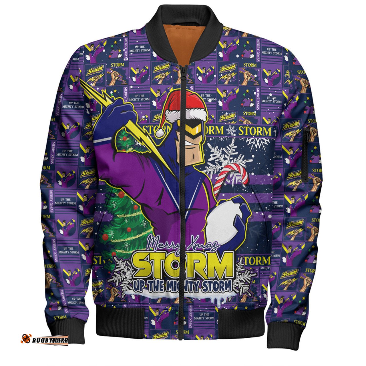 Amazing Aussie Melbourne Storm Merry Ugly Christmas Comic Style Bomber Jacket