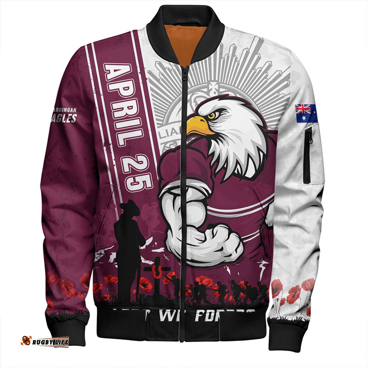 Amazing Aussie Manly Warringah Sea Eagles Anzac Day Lest We Forget Strong Fighting Spirit Bomber Jacket