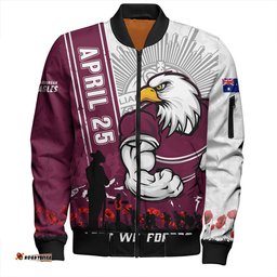 Amazing Aussie Manly Warringah Sea Eagles Anzac Day Lest We Forget Strong Fighting Spirit Bomber Jacket