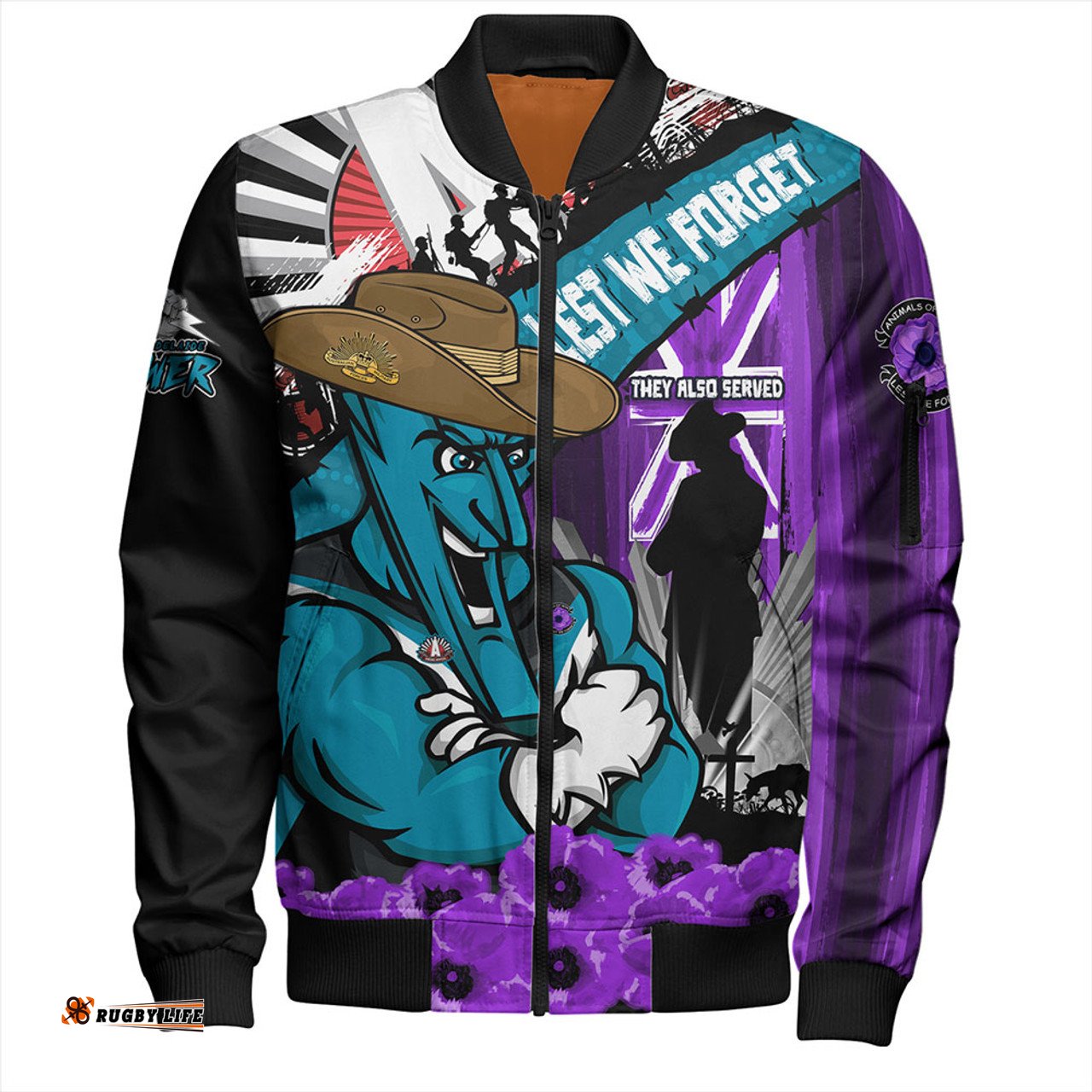 Amazing Aussie Port Adelaide ANZAC Day Honor Purple Valor And Spirit Bomber Jacket