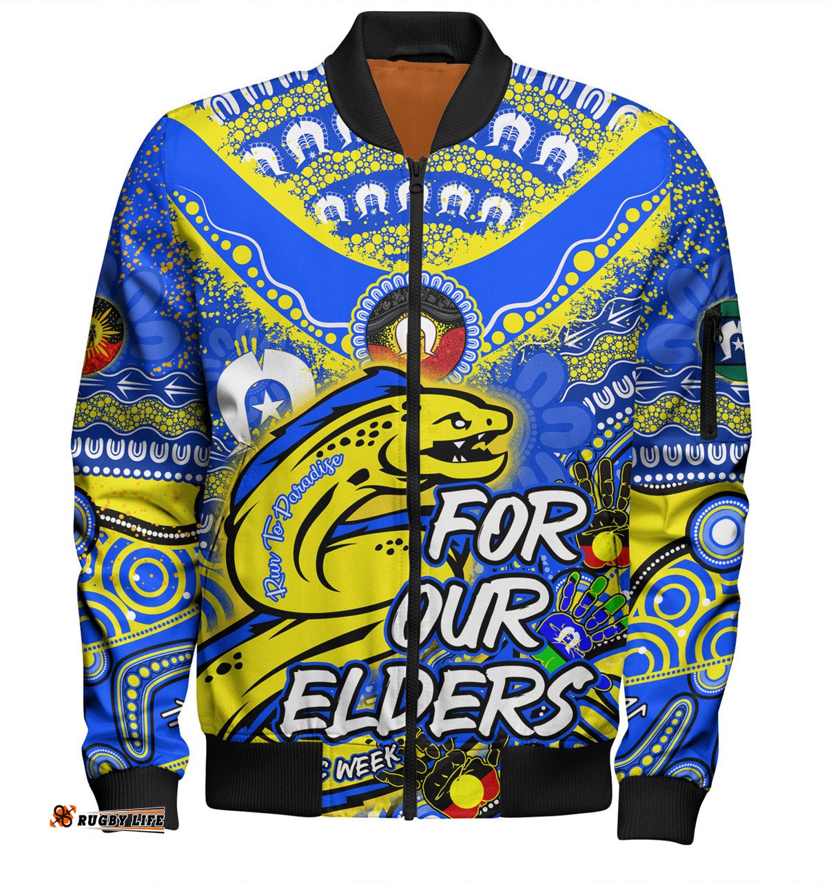 Amazing Aussie Parramatta Eels Naidoc Week Custom For Our Elders Run to Paradise Bomber Jacket