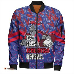 Amazing Aussie Newcastle Knights Sport Tropical Patterns And Dot Painting Eat Sleep Rugby Repeat Bomber Jacket